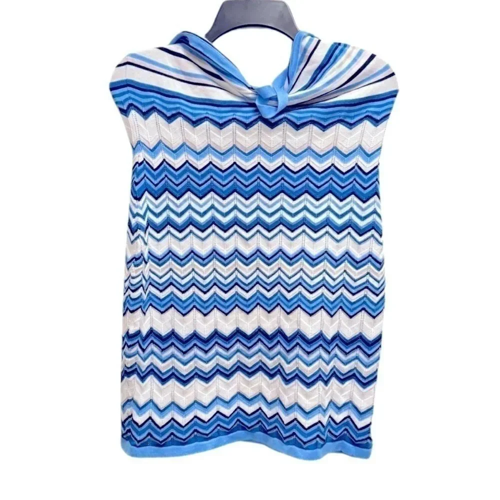 Crave Fame Blue & White Chevron Open Weave Knit Halter Dress- Size Large - Picture 3 of 6